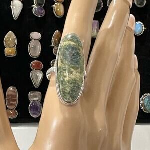 Ruby, Fushsite natural gemstone ring stamped 925 silver overlay size 8 long oval